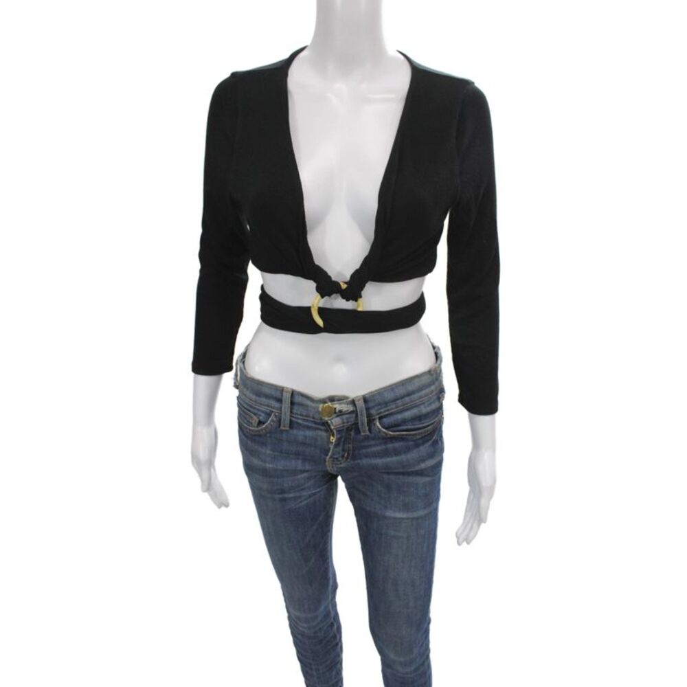 Song Of Style Women Cropped Black 3/4 Sleeve Buckle Top Size M